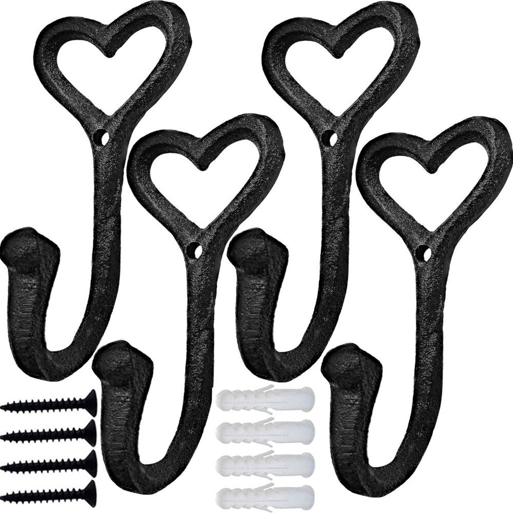 Heavy Duty Coat Hooks, 4pcs Cast Iron Love Heart Shape Wall Hooks for Hanging Co